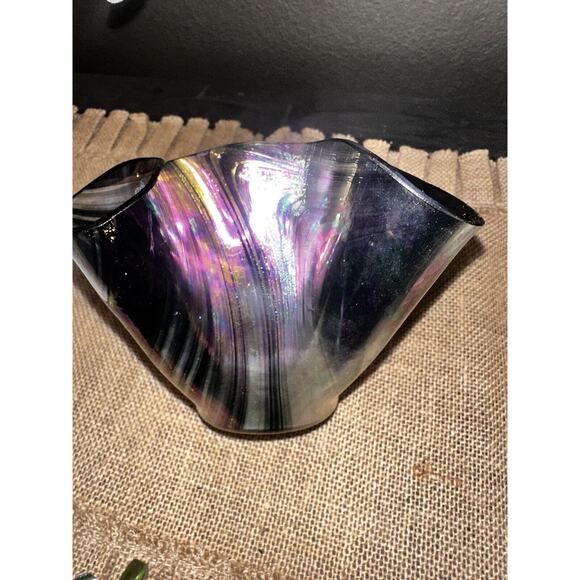 Vintage HAND BLOWN ART GLASS IRIDESCENT HANDKERCHIEF CANDLE HOLDER Vase EUC - Picture 10 of 16